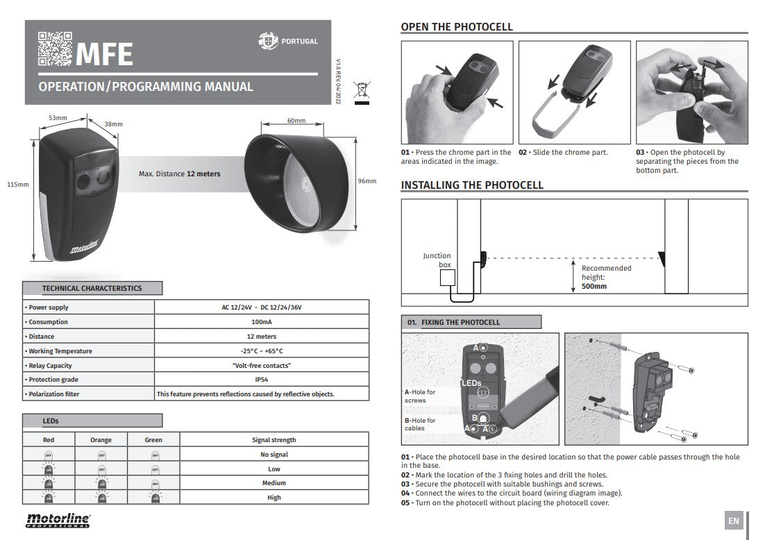Fotocelule cu reflexie MFE cu infrarosu Motorline  12 m, IP 54